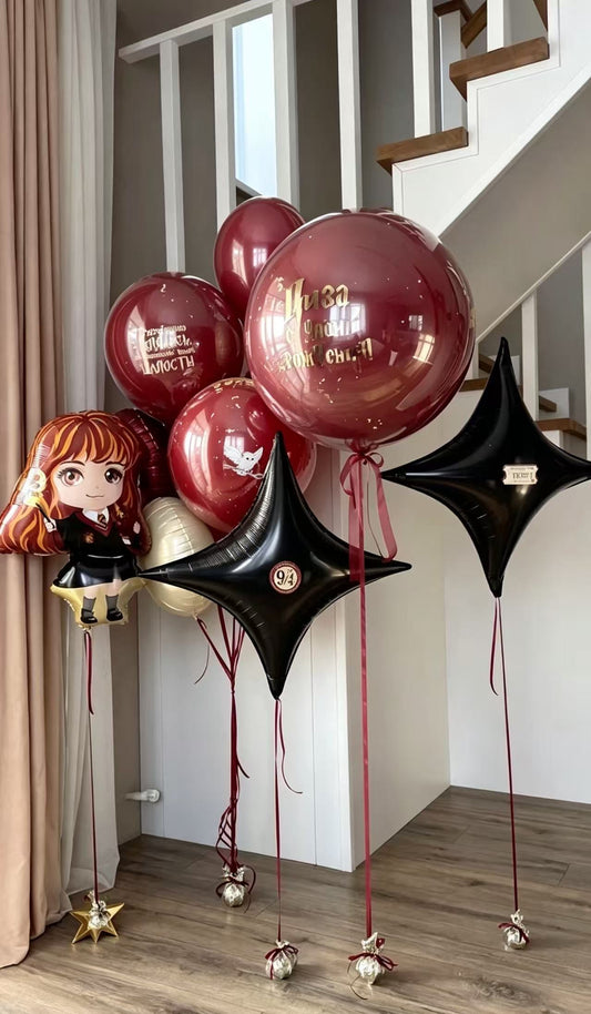 Personalised Clear with Black, Mini Latex, Tassels and Customize Sticker Harry Potter Character, Flag, Witch Hat and Star with Customize Sticker with Latex Helium Bunch Black, Burgundy and Light Gold - Harry Potter