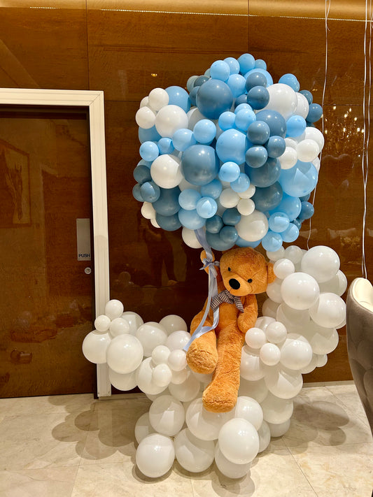 Hospital Welcoming Baby Balloon White and Blue Cloud-Themed Decor Setup with Teddy Bear - Perfect for special occasions