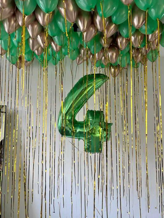 Helium Balloons Single Number Set Green '4' with Ceiling Latex Light Gold and Green with Ribbons - Perfect for any Occasions!