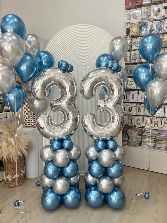 40-inch Numbers 3&3 Balloon on Stand with Bunch Helium Balloons Colors Chrome Blue and Silver with Strings - Customizable for Any Celebration