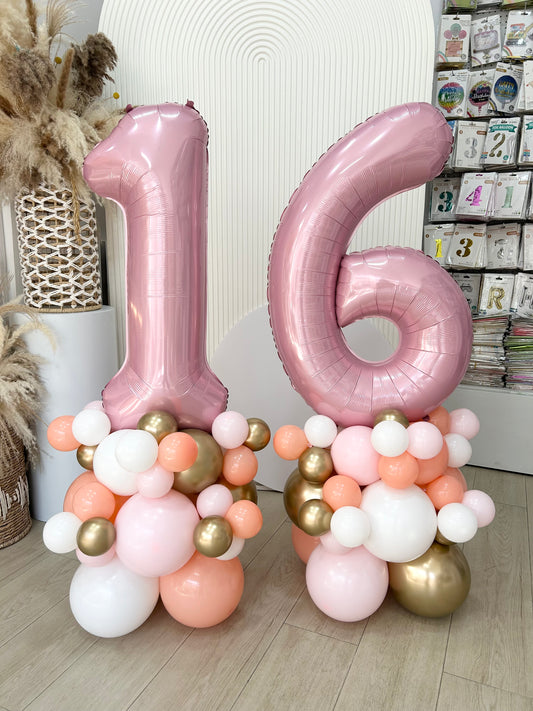 Number Balloon on Stand Pink ‘16’ Balloons Peach Pink White Light Gold - Customizable Design