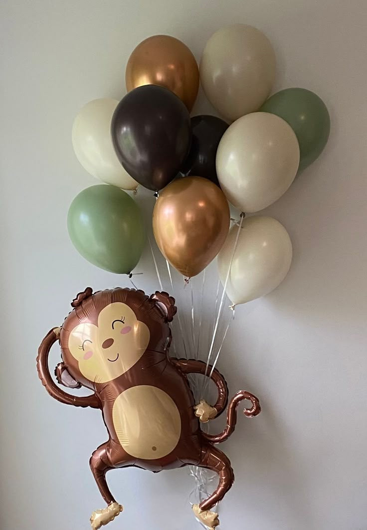 Helium Balloon Set of Black, Green, Gold and White Latex with Monkey Helium and Silver Strings - Perfect for any Occasions