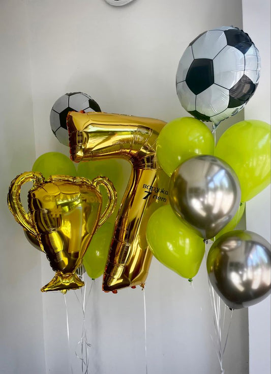 Helium Balloon Single Number Set of Gold Number ‘7’ Balloon with, Champion, Soccer Ball, Silver and Green Latex Helium Bunch - Sports-Themed, Football-Themed, Soccer-Themed Perfect for any Occasions