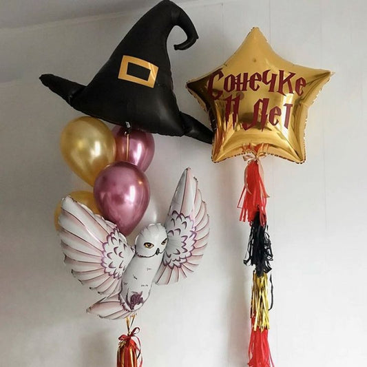 Personalised Clear with Black, Mini Latex, Tassels and Customize Sticker Harry Potter Character, Flag, Witch Hat and Star with Customize Sticker with Latex Helium Bunch Black, Burgundy and Light Gold