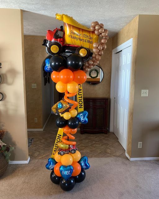 Personalised Pillar/Column/Tower Truck-Themed with Orange, Yellow and Brown Latex, Mini Truck and Caution Sign – Perfect for Any Celebrations