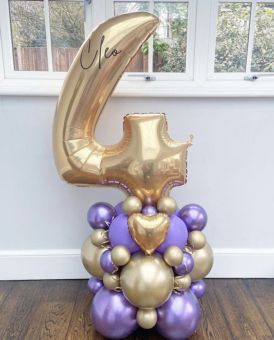 Balloon Purple and Gold with Customize Sticker and Gold Number Balloon on Stand '4' - Birthday, Perfect for special occasion