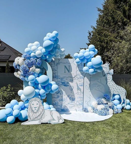 Luxury Light Blue Baby in Bloom with Cotton-Themed Customize Backdrop and Balloons Blue White Themed Birthday Party
