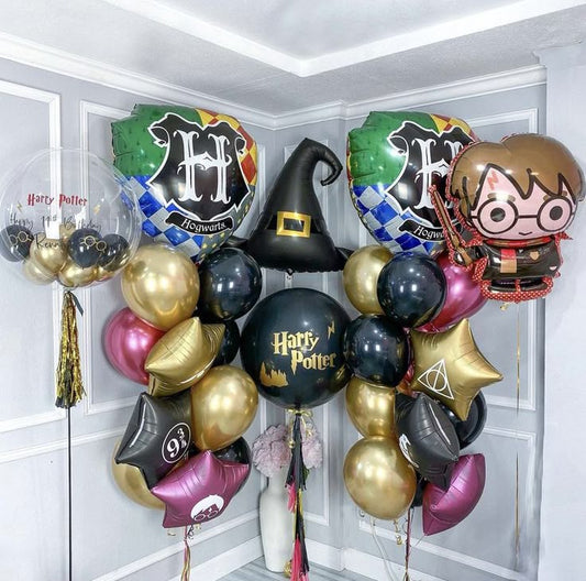 Personalised Clear with Black, Mini Latex, Tassels and Customize Sticker, Harry Potter Character, Flag, Witch Hat and Star with Customize Sticker with Latex Helium Bunch Black, Burgundy and Light Gold - Harry Potter-Themed Perfect for any Occasions