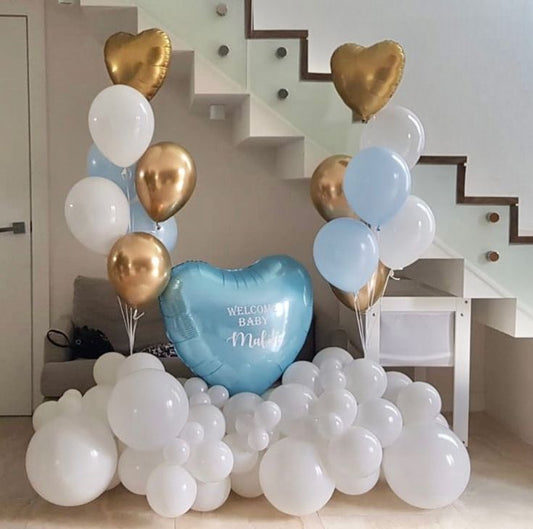 Platform White Balloons with Blue Heart Customize Sticker and Bunch Helium Balloon Gold Heart-Shaped, Latex White, Blue and Light Gold - Baby Shower, Gender Reveal, Birthday Perfect for Special Occasions!