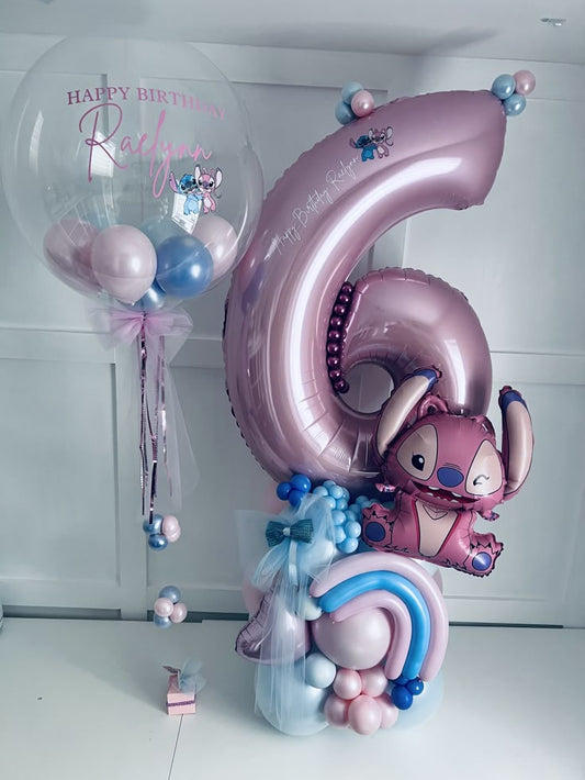 Platform Purple Numbers '6' with Latex White, Purple and Stitch accents, Personalised Clear with Sticker, Mini Latex and Ribbons Helium Bunch – Stitch-Themed Customizable Design