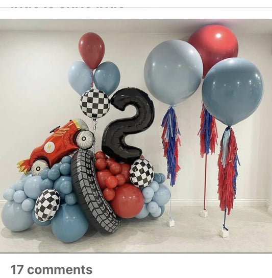 Platform Black Number '2' with Latex Red and, Circle Checkered and Racing Car with 36-inches Latex Blue and Red with Tassels - Racing Car-Themed Perfect for special occasions!