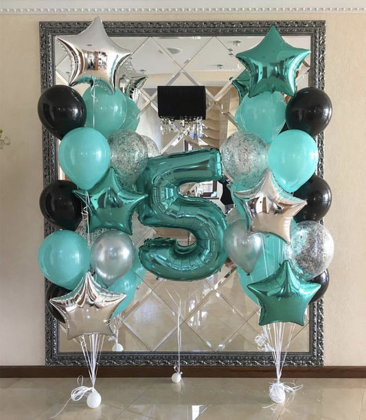 Helium Balloons Single Number Set Teal '5' and Latex Bunch Black, Teal, Silver, Clear with Confetti and Star-Shaped Foil - Perfect for any Occasions!