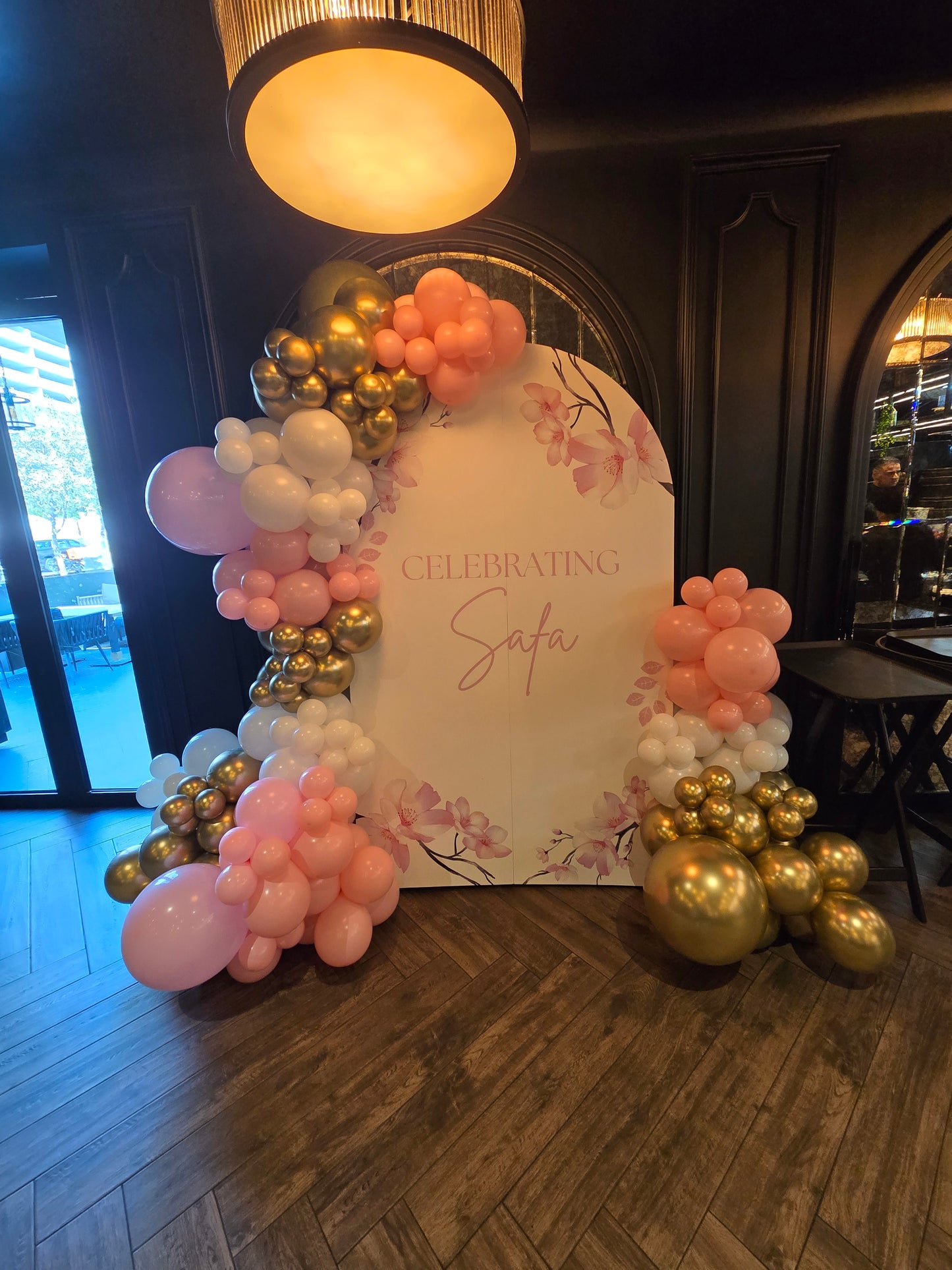 Customizable Printed Backdrop with Balloon Pink Light Gold Garland - Customizable Design, Perfect for any occasions!
