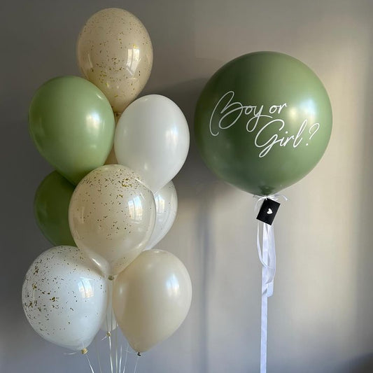 Personalised Gender Reveal Helium Balloon Green Latex with Customize Sticker and Helium Bunch of Olive Green, Beige Double Layered with Clear with Confetti - Customizable Design