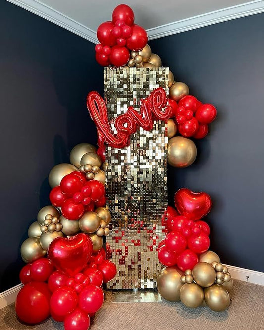 Gold Shimmer Wall Setup with Balloon Red and Light Gold with Heart-Shaped and 'love' Foil accents, LED Acrylic 'Happy Birthday' - Perfect for any Celebration
