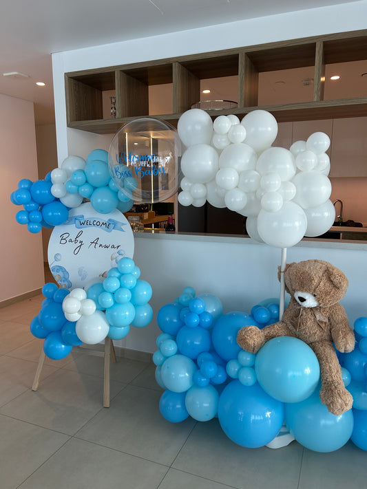 Hospital or Home Welcoming Baby Balloon White Blue with Customize Sticker Teddy Bear and Customize Welcome Board - Perfect for special occasions