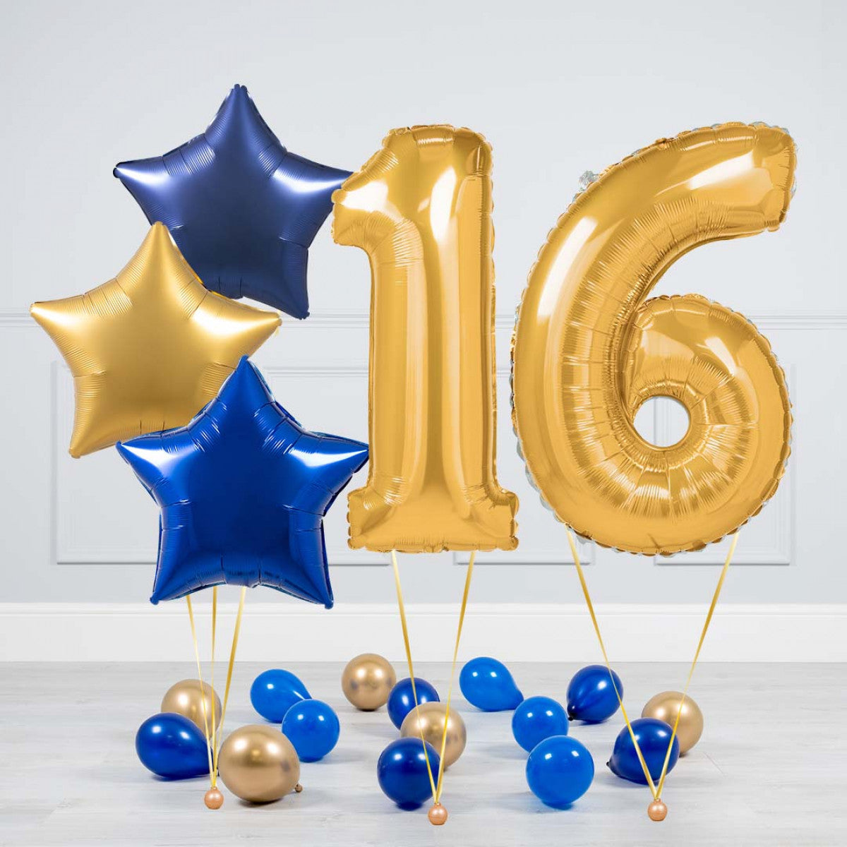 Helium Gold Two Number Set Balloon - Dark Blue, Blue and Gold Stars with Mini Balloons