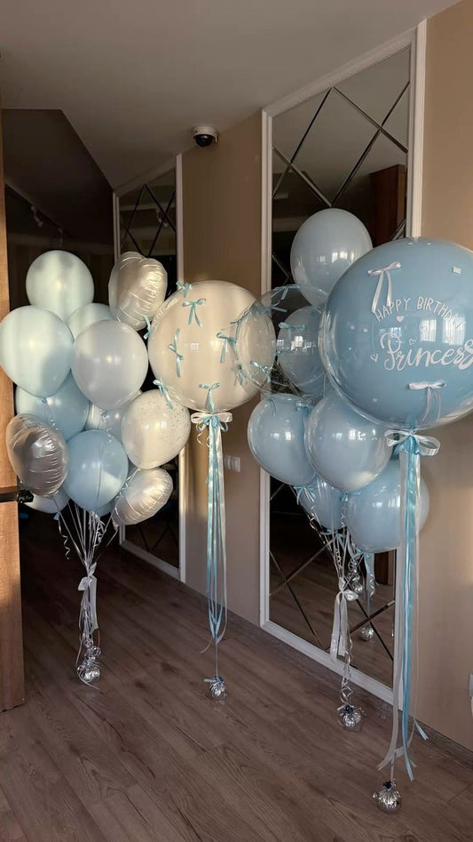Helium Balloons Personalised Clear with White Blue Latex with Small Ribbons and Customize Sticker, Latex Bunch Blue and White with Heart-Shaped Foil - Customizable Decor