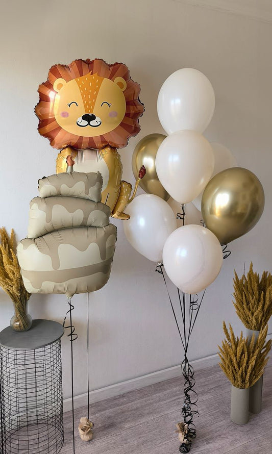 Helium Balloon Lion, Cake and Latex Bunch Dust White and Light Gold - Safari and Jungle-Themed Perfect for special occasions!