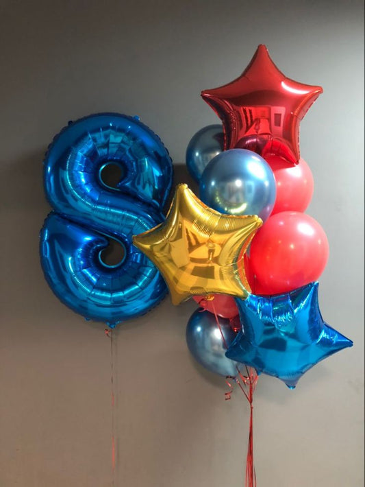 Helium Balloons Single Number Set Blue '8' and Latex Bunch Chrome Blue and Red and Star-Shaped Foil - Perfect for any Occasions!