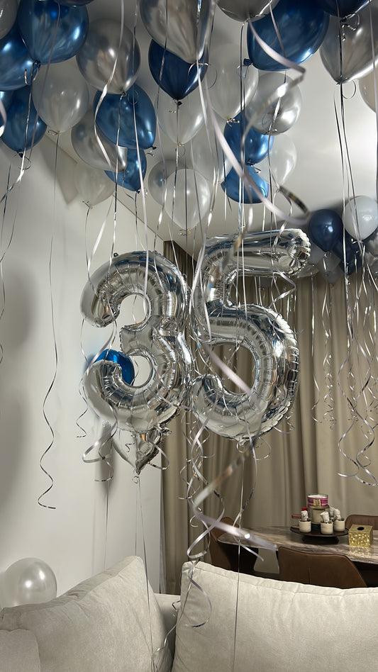 Helium Balloons Two Number Set Silver '35' with Ceiling Latex Pearl White, Chrome Blue, Navy Blue and Silver - Perfect for any Occasions!