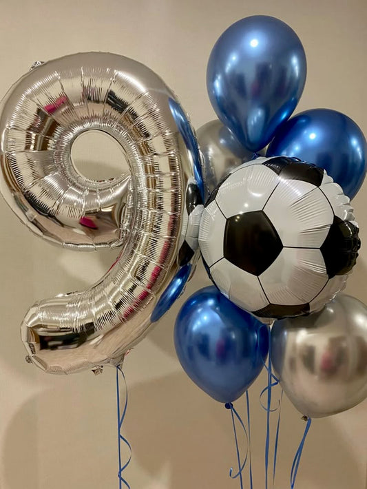 Helium Balloon Single Number Set of Silver Number ‘9’ Balloon with Soccer Ball, Chrome Blue and Silver Latex Helium Bunch - Sports-Themed, Football-Themed, Soccer-Themed Perfect for any Occasions