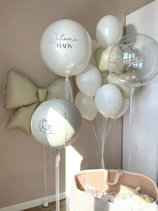 Helium Balloons Personalised Clear, Clear with White Latex and Customize Sticker, White Orbs with Customize Sticker, Latex Bunch White with Beige Ribbon Foil with Ribbons - Customizable Decor