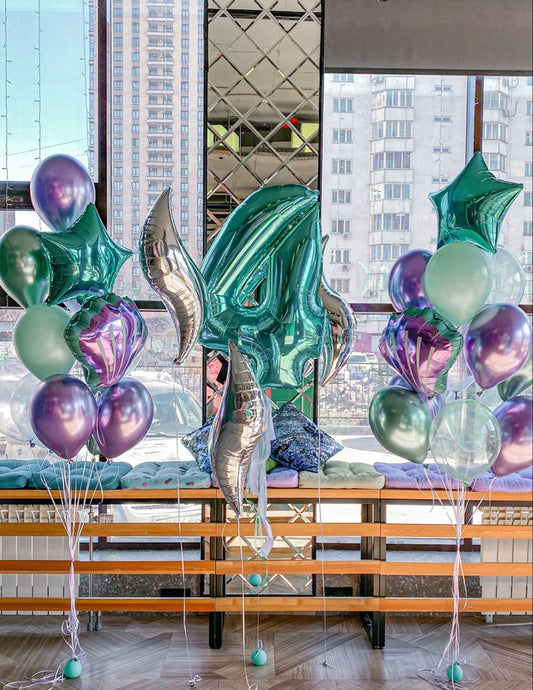 Helium Balloons Single Number Set Green '4' with Shell, Star-Shaped Latex Chrome Green, Green, Clear and Purple Bunch - Mermaid-Themed Under The Sea-Themed Perfect for any Occasions!