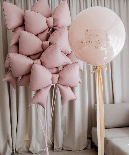 Personalised Helium Balloon Clear with Pink Latex with Customize Sticker and Ribbons and Pink Bow Helium Bunch - Customizable Design