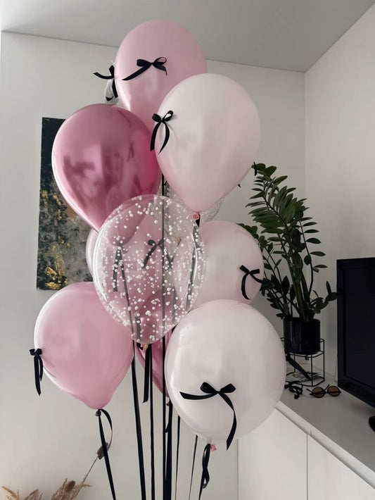 Latex Helium Bunch Different Shades of Pink, Clear with White Foam with Black Bow Tie Balloons and Black Strings - Perfect for Special Occasions!