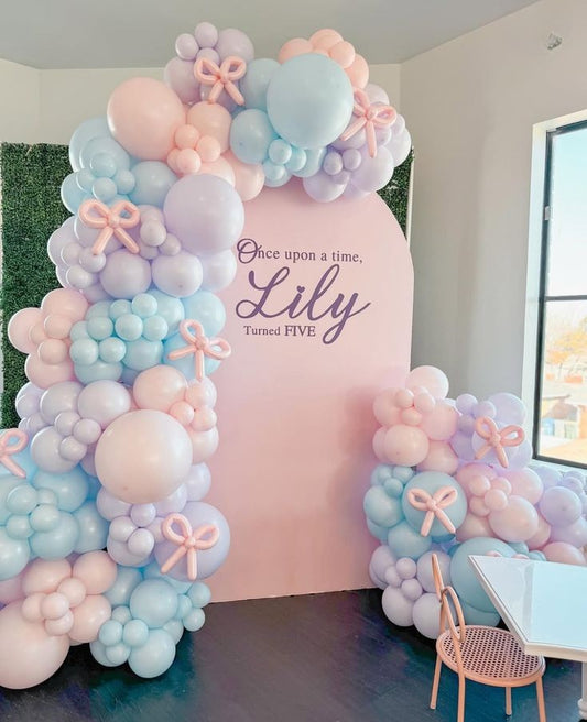 Customizable Board Backdrop with Balloon Pastel Colors Pink, Purple and Blue with Customize Balloon Ribbons accents - Birthday, Perfect for special occasion