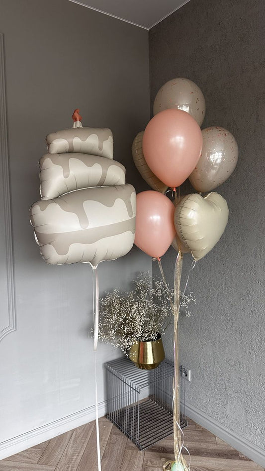 Helium Balloons Beige Heart-Shaped with Peach and Beige Latex Bunch and Birthday Cake Foil - Perfect for any Occasions