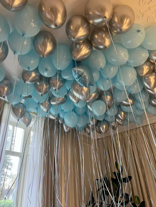 Latex Helium Ceiling Silver and Blue Balloons with Silver Strings - Perfect for Special Occasions!