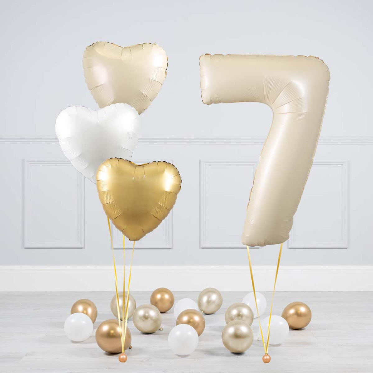 Helium Beige Single Number Set Balloon - Beige, White and Gold Hearts with Mini Balloons