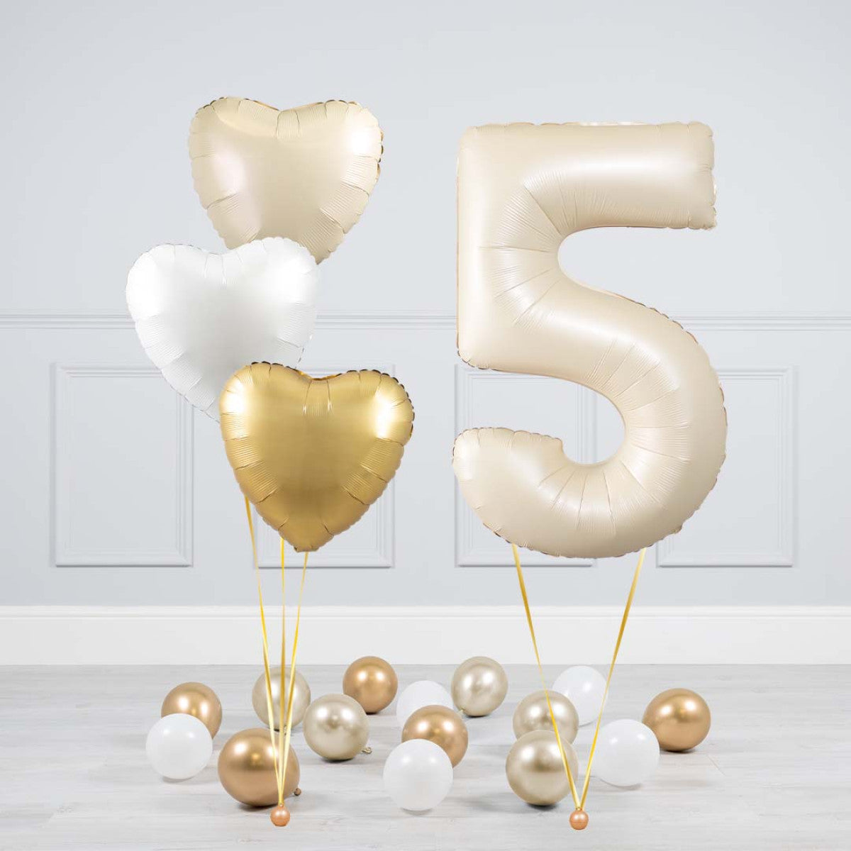 Helium Beige Single Number Set Balloon - Beige, White and Gold Hearts with Mini Balloons