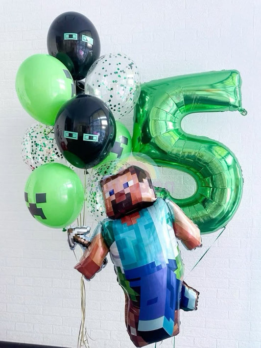 Helium Balloon Single Number Set of Green Number ‘5’ Balloon with Minecraft Character Foil and Latex Black, Green and Clear with Confetti Helium Bunch - Minecraft-Themed Perfect for any Occasions