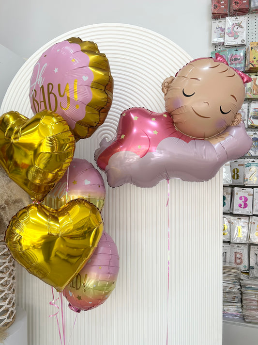Helium Set Sleeping Baby Girl with ‘Oh Baby’ Gold Hearts Foil – Customizable Design Baby Shower Welcome Baby Girl