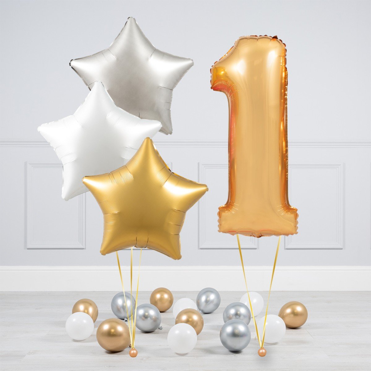 Helium Gold Single Number Set Balloon - Silver, White and Gold Stars with Mini Balloons