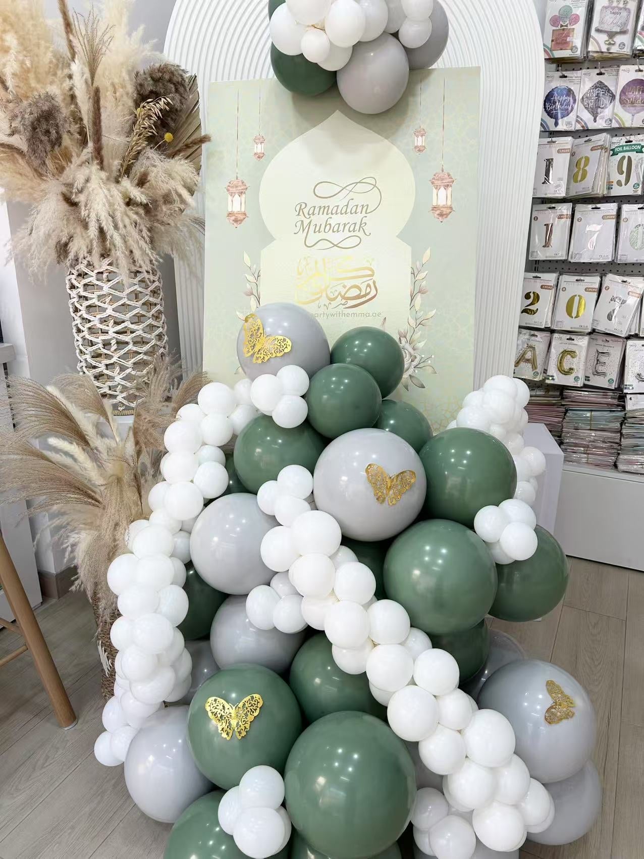 Personalised Ramadan Balloon Dust White, Olive Green and White Mini Chain with Gold Butterfly Accents and Printed KT Board – Ramadan Celebration Decor