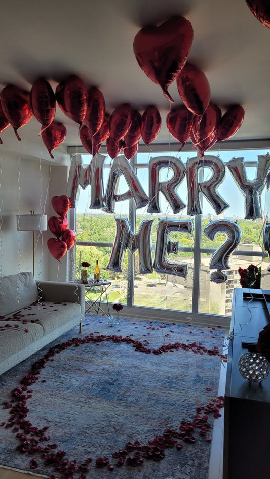Artificial Flowers and Petals, Candles, Hearts Helium Bunch and Ceiling with Balloon Letters Helium Silver ' MARRY ME?' - Perfect for Proposal, Wedding, Anniversary special occasions!