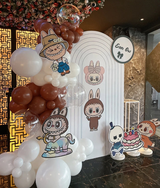 Customizable Board Backdrop with Balloon Brown, Clear and White with Labubu Characters Standee - Labubu-Themed Perfect for special occasion