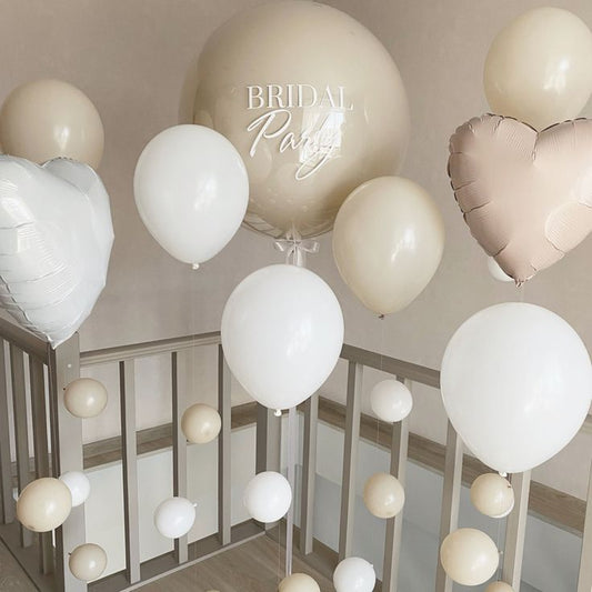 Personalised Helium Balloons Clear with Beige Latex, Ribbons, Customize Sticker and Pink White Heart-Shaped Foil, Latex Beige and White with Mini Balloons accents - Perfect for any Occasions