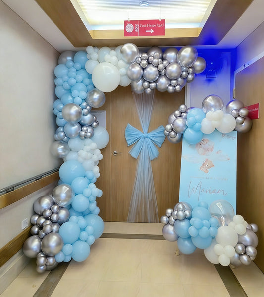 Hospital Setup Welcoming Baby Customize Welcome Board with Organic Balloon Chain, Wall Balloon Chain Garland and Door Decor Cutouts and Ribbon Fabric Silver White Blue - Perfect for special occasions Baby Shower Welcome Baby Newborn