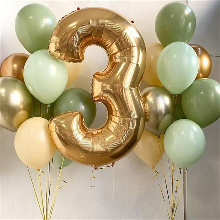 Helium Balloon Set of Olive Green, Mint Green, Gold and Beige Latex with Number ‘3’ Balloon and Gold Strings - Perfect for any Occasions
