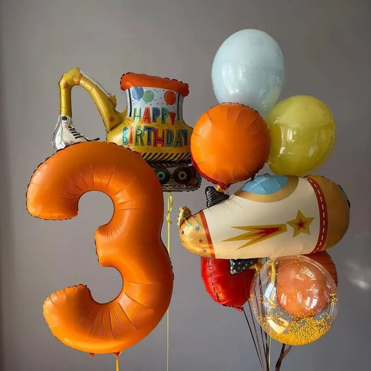 Helium Balloons Single Number Set Orange '3' and 18-inches Clear with Foam, Double Layered Latex Bunch Blue and Yellow with Foil Circle, Truck and Plane Balloon - Perfect for any Occasions!