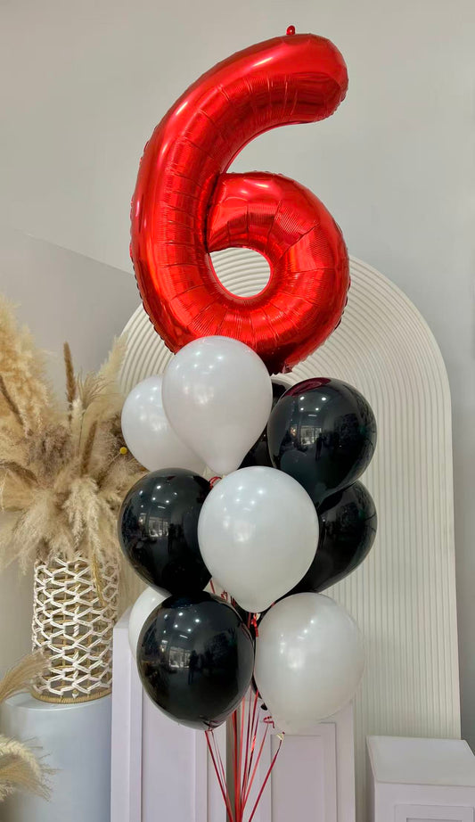 Helium Balloon Single Number Set of White and Black with Red Number ‘6’ Balloon and Red Strings - Perfect for any Occasions
