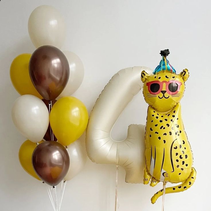 Helium Balloon Set of Sand White,Yellow and Brown with Number ‘4’ Balloon and Jaguar with White Strings - Perfect for any Occasions
