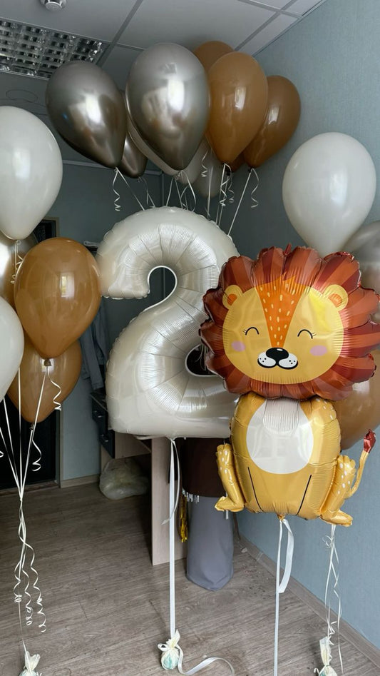 Helium Balloon Single Number Set of Beige Number ‘2’ Balloon with Lion and Latex Helium Bunch Silver, Brown and Dust White - Safari and Jungle-Themed Perfect for any Occasions