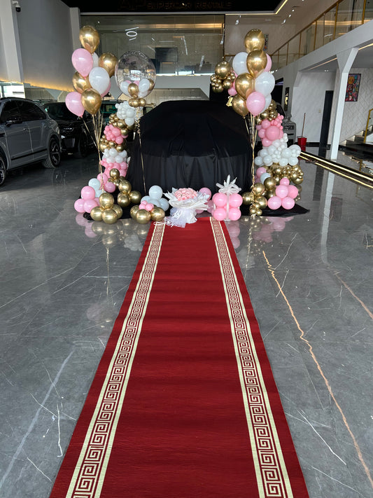 Car Surprise Balloon Design Light Gold, White and Pink with Personalised Helium, Helium Latex Bunch, Red Carpet and Bouquet Fresh Flower Accents – Perfect for Any Sleek and Elegant Celebrations