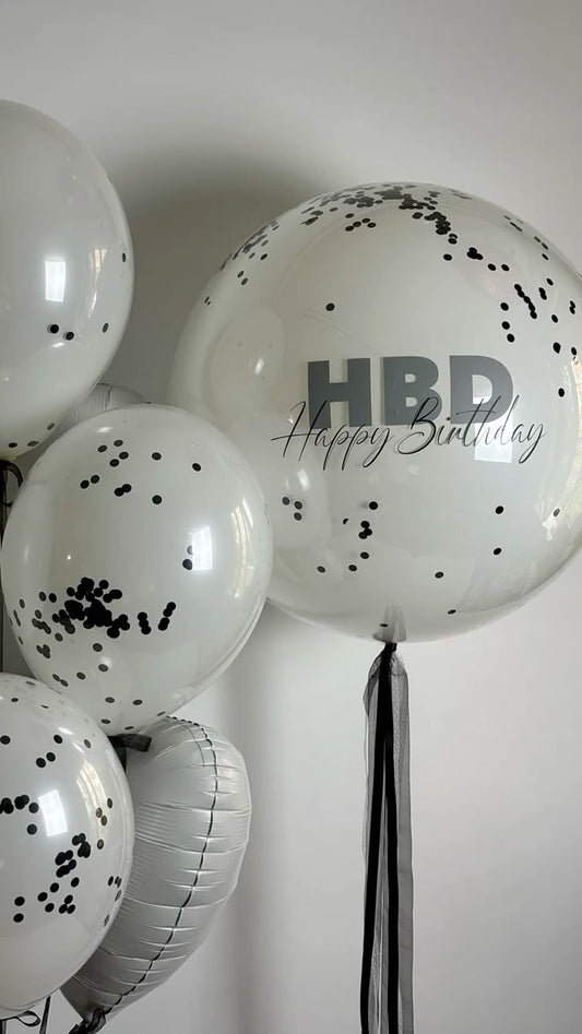 Personalised Helium Balloons Clear with White Latex, Confetti, Ribbons and Customize Sticker and Double Layered Latex Bunch White with Confetti and White Heart-Shaped Foil - Perfect for any Occasions